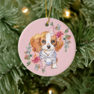 Cute Cavalier King Charles Spaniel and Flowers Ceramic Tree Decoration