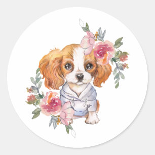 Cute Cavalier King Charles Spaniel and Flowers Classic Round Sticker
