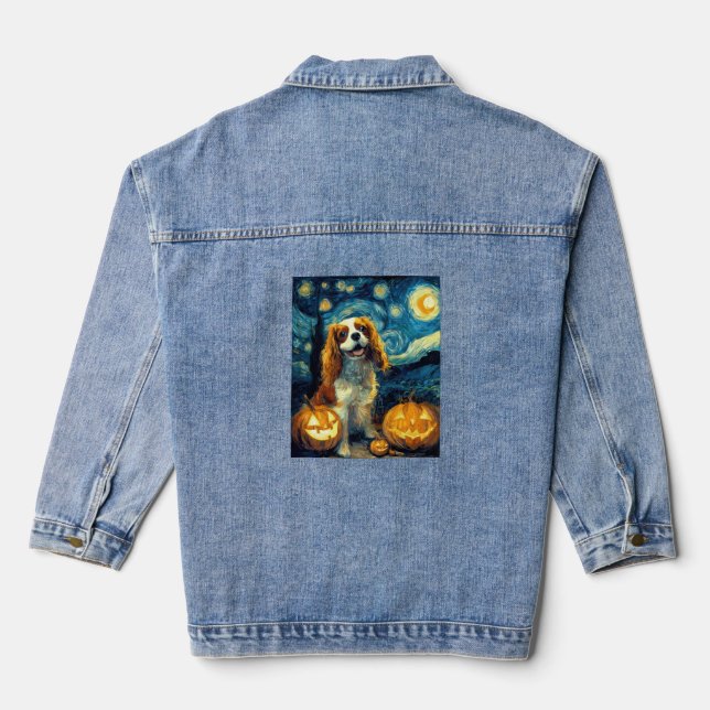 Cute Cavalier King Charles Spaniel Dog Halloween J Denim Jacket (Back)