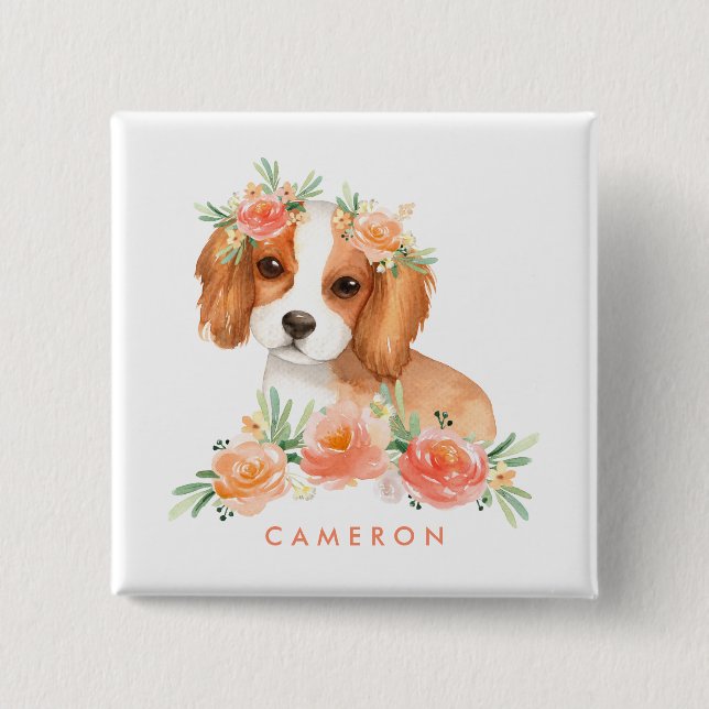 Cute Cavalier King Charles Spaniel Orange Floral  15 Cm Square Badge (Front)