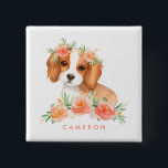 Cute Cavalier King Charles Spaniel Orange Floral  15 Cm Square Badge<br><div class="desc">An adorable pin button featuring illustrations of a watercolour Cavalier King Charles Spaniel and peach flowers. Personalise by adding your own texts. This dog theme pin button is the perfect gift for dog lovers and Cavalier King Charles Spaniel owners.</div>