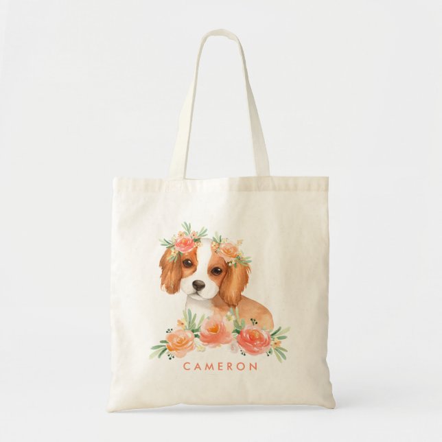 Cute Cavalier King Charles Spaniel Orange Flowers Tote Bag (Front)