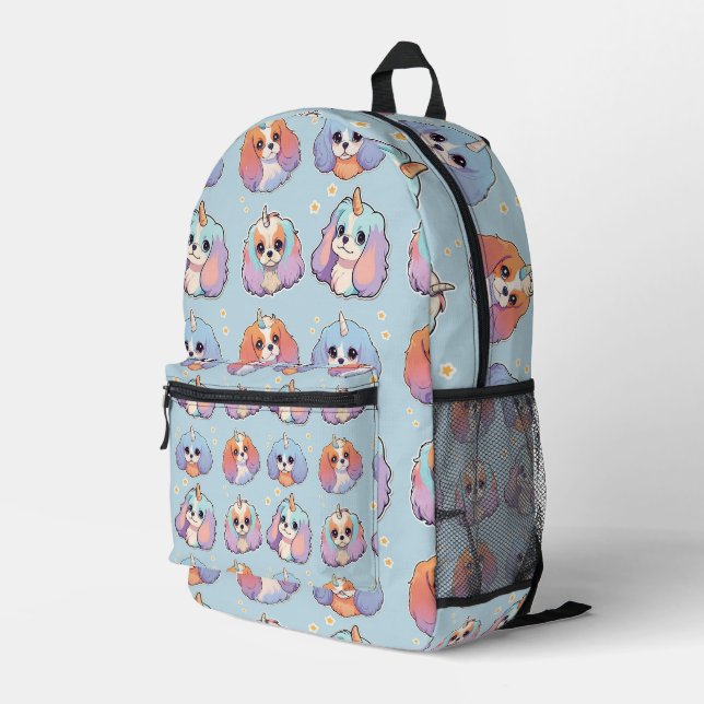 Cute Cavalier King Charles Unicorn Pastel Pattern Printed Backpack (Back Corner Right)