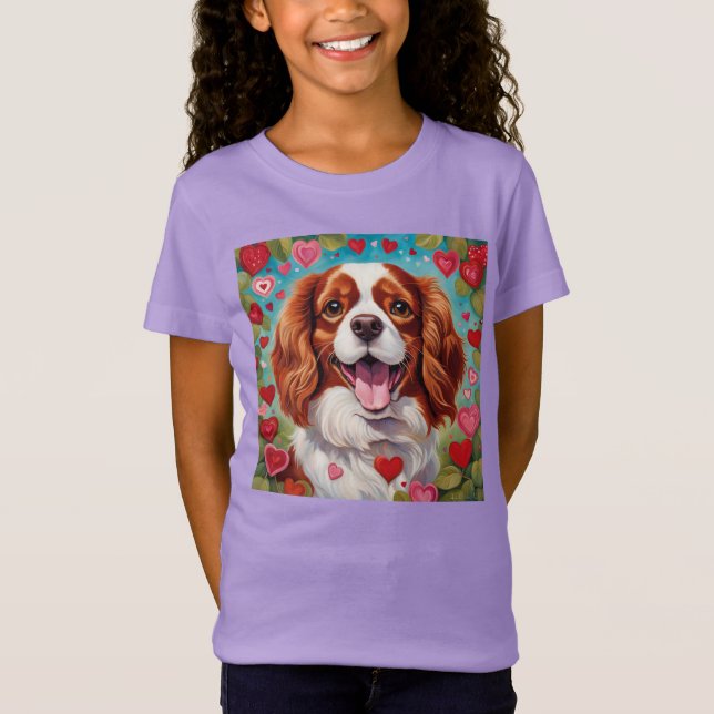 Cute Cavalier Puppy Heart Kids Girls T-Shirt (Front)