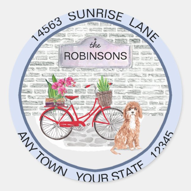 Cute Cavapoo Dog Moving Bicycle New Address   Classic Round Sticker (Front)