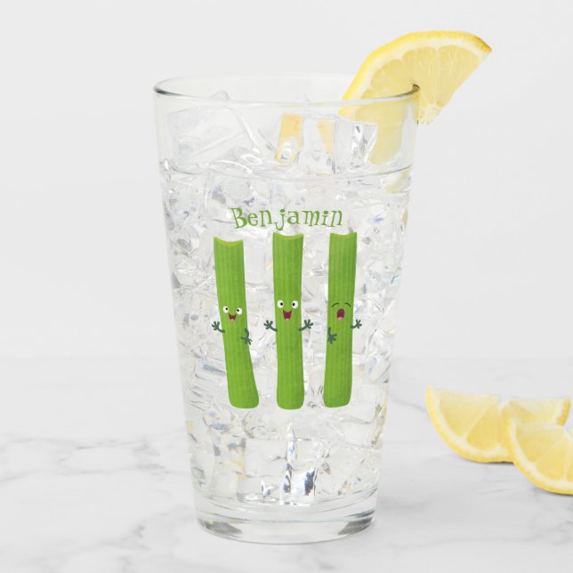 Cute celery sticks trio cartoon vegetables glass (Back Ice)