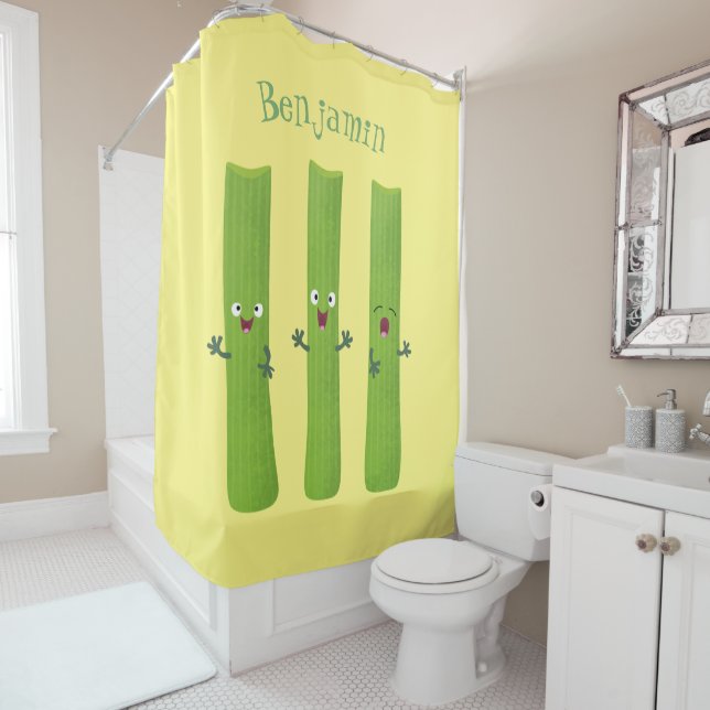 Cute celery sticks trio cartoon vegetables shower curtain (In Situ)
