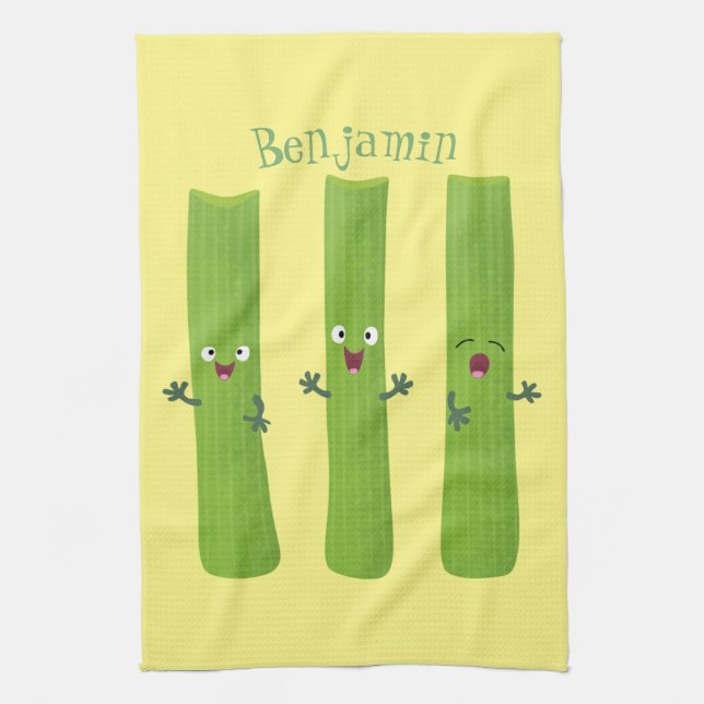 Cute celery sticks trio cartoon vegetables tea towel (Vertical)
