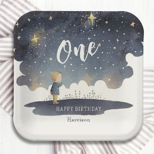 Cute Celestial Birthday Stars Watercolor Boy Paper Plate
