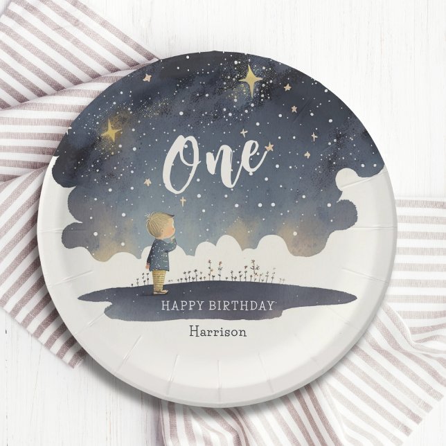 Cute Celestial Birthday Stars Watercolor Boy Paper Plate (Creator Uploaded)