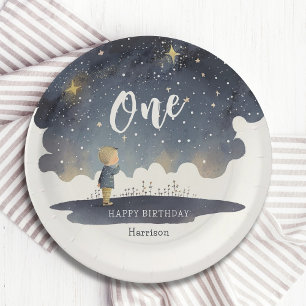Cute Celestial Birthday Stars Watercolor Boy Paper Plate
