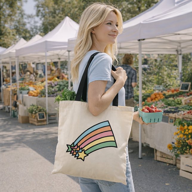 Cute Celestial Kawaii Shooting Star Graphic Tote Bag (A tote bag with pastel shooting stars and a rainbow)