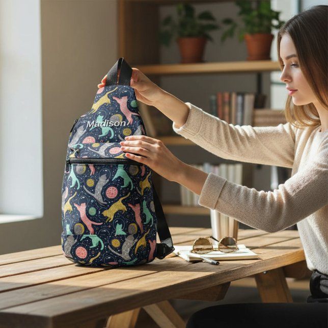Cute Celestial Mystical Space Cats Personalised Sling Bag (Creator Uploaded)