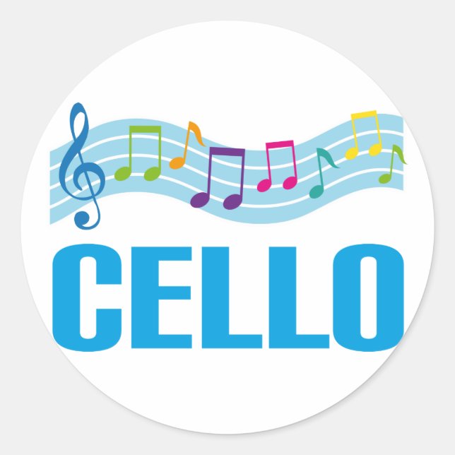 Cute Cello Music Staff blue Classic Round Sticker (Front)