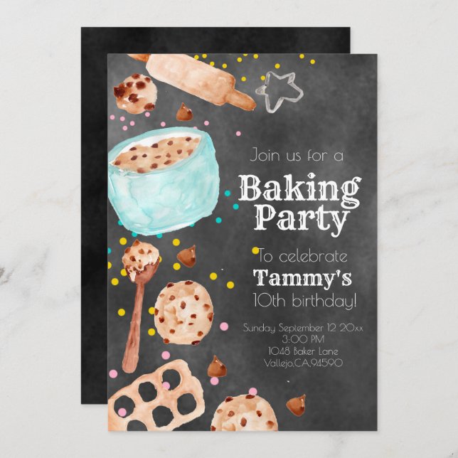Cute chalkboard baking birthday party invite (Front/Back)