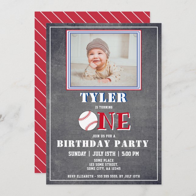 Cute Chalkboard Baseball Photo 1st Birthday Invitation (Front/Back)