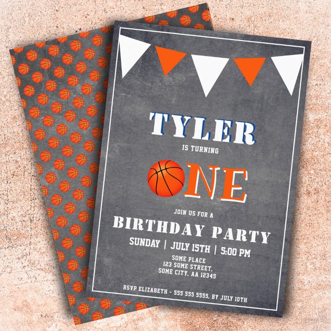 Cute Chalkboard Basketball 1st Birthday Invitation (Creator Uploaded)