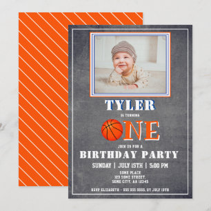 Cute Chalkboard Basketball Photo 1st Birthday Invitation