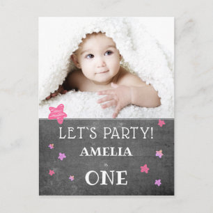 Cute Chalkboard Pink 1st Birthday Invitation Card