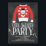Cute Chalkboard Ugly Sweater Holiday Party Invitation<br><div class="desc">Modern chalkboard Tacky ugly sweater party invitation featuring a red sweater with white snowflakes & a snowman with hand lettered typography in texturised white.</div>