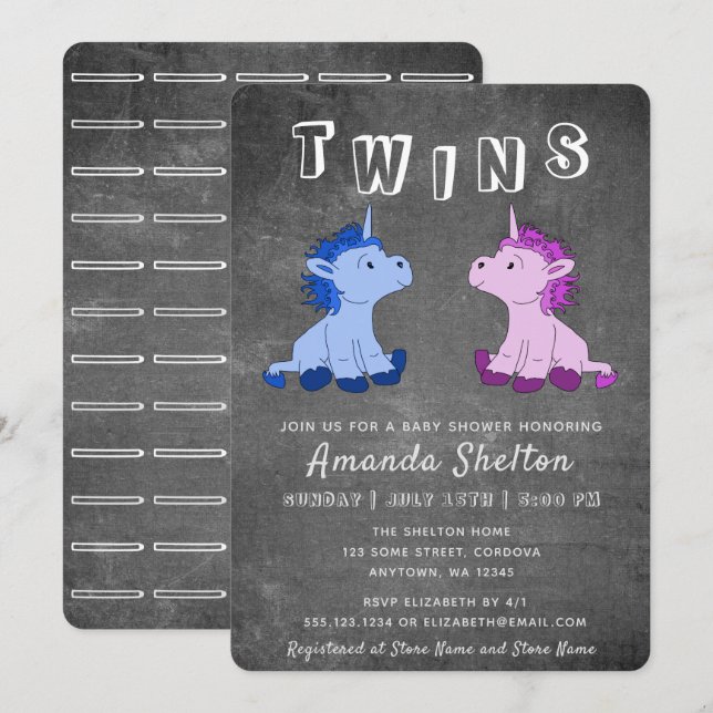Cute Chalkboard Unicorn Boy Girl Twins Baby Shower Invitation (Front/Back)