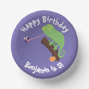 Cute chameleon catching a bug cartoon paper plate