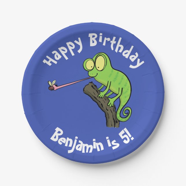 Cute chameleon catching a bug cartoon paper plate (Front)