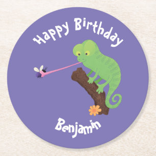 Cute chameleon catching a bug cartoon round paper coaster