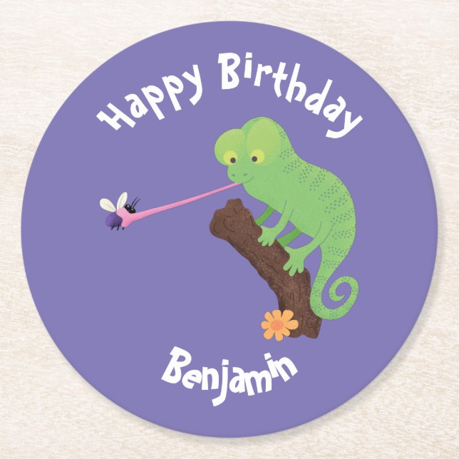 Cute chameleon catching a bug cartoon round paper coaster (Front)