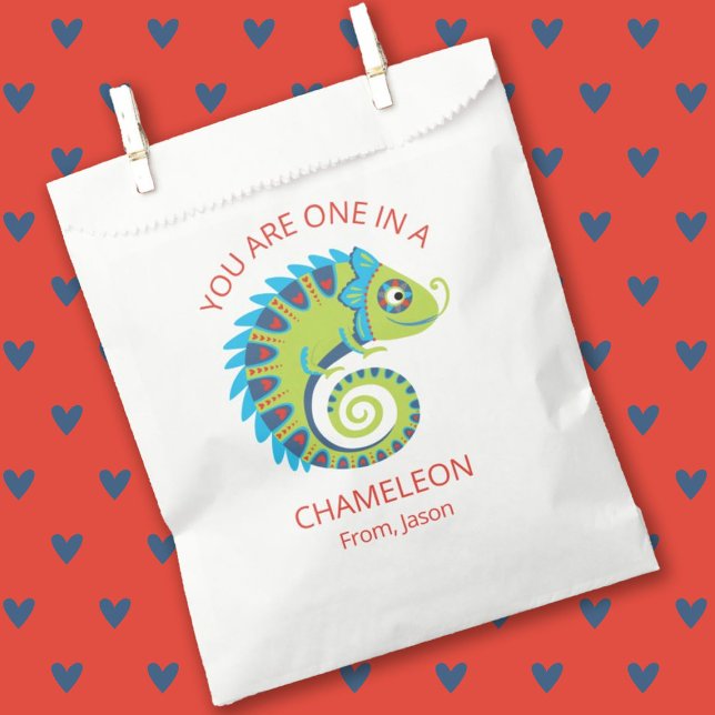 Cute Chameleon Kids Valentines Day Classroom Favour Bags (A cute kids classroom Valentines Day Treat bag featuring a chameleon.)