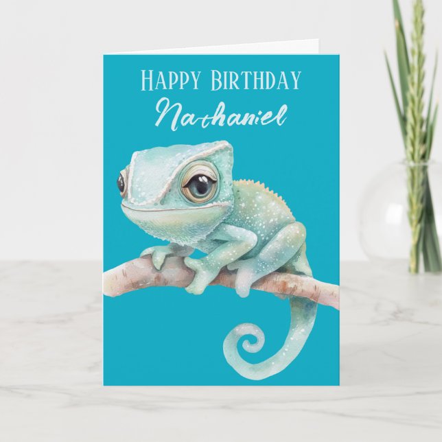Cute Chameleon Personalised Birthday Card (Front)