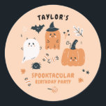 Cute Characters Halloween Birthday Party Classic Round Sticker<br><div class="desc">This cute and modern sticker is perfect to celebrate a kids Halloween costume birthday party. It features typical Halloween characters such as ghosts, witch, pumpkin, spider, and bat; drawn in a kids friendly style. Other Halloween and Fall season elements such as leaves and candy complete this attractive design. This gender...</div>