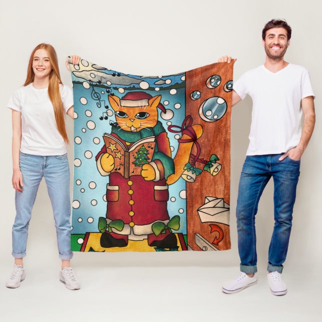 Cute Charming Christmas Carol Singer Cat Fleece Blanket (In Situ)