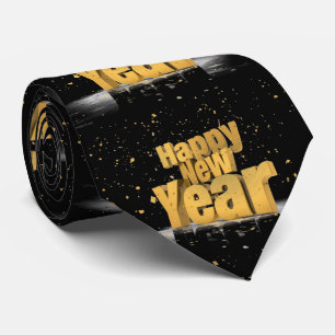Cute Charming Gold Happy New Year Design On Black Tie