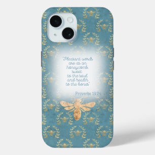 Cute Chartreuse Green Gold Bee Wreath Grid Bible iPhone 15 Case