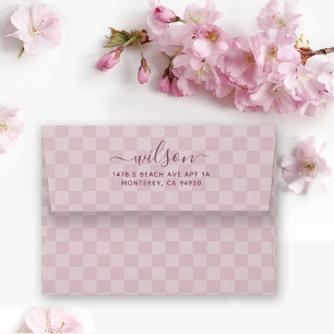 Cute Checkered Dusty Pink Script font envelope