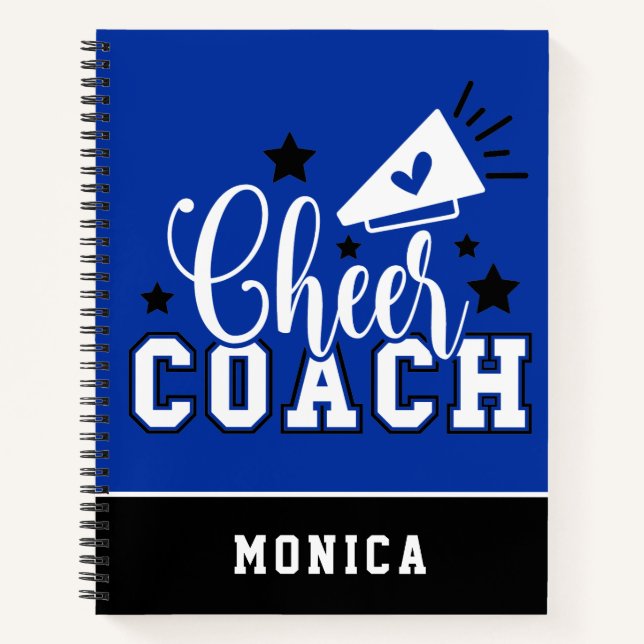Cute Cheer Coach Personalised Blue and Black Notebook (Front)