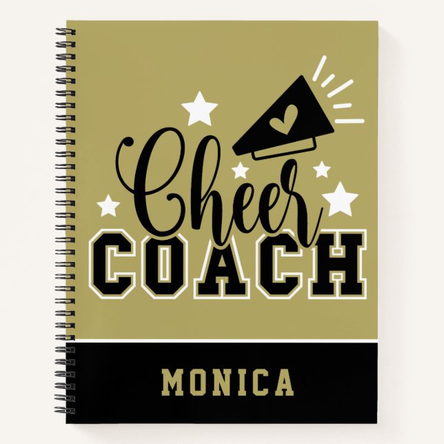 Cute Cheer Coach Personalised Gold and Black Notebook (Front)