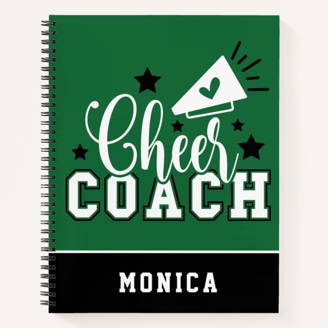 Cute Cheer Coach Personalised Green and Black Notebook (Front)