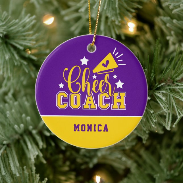 Cute Cheer Coach Personalised Purple & Yellow Ceramic Tree Decoration (Tree)