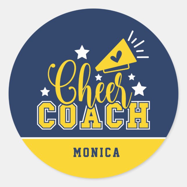 Cute Cheer Coach Personalised Royal Blue & Yellow Classic Round Sticker (Front)