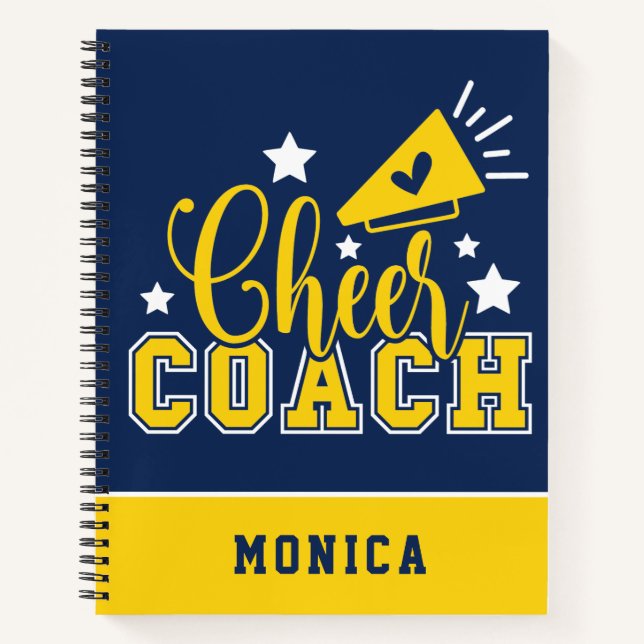 Cute Cheer Coach Personalised Royal Blue & Yellow Notebook (Front)
