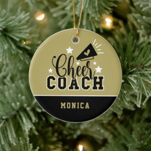 Cute Cheer Coach Personalized Gold and Black Ceramic Tree Decoration