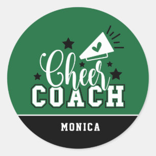 Cute Cheer Coach Personalized Green and Black Classic Round Sticker