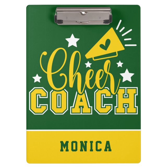 Cute Cheer Coach Personalized Kelly Green & Yellow Clipboard (Front)
