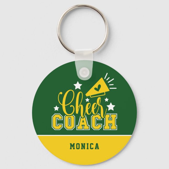 Cute Cheer Coach Personalized Kelly Green & Yellow Key Ring (Front)