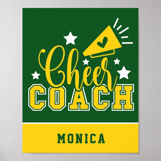 Cute Cheer Coach Personalized Kelly Green & Yellow Poster (Front)