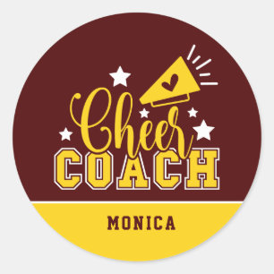 Cute Cheer Coach Personalized Maroon & Yellow Classic Round Sticker