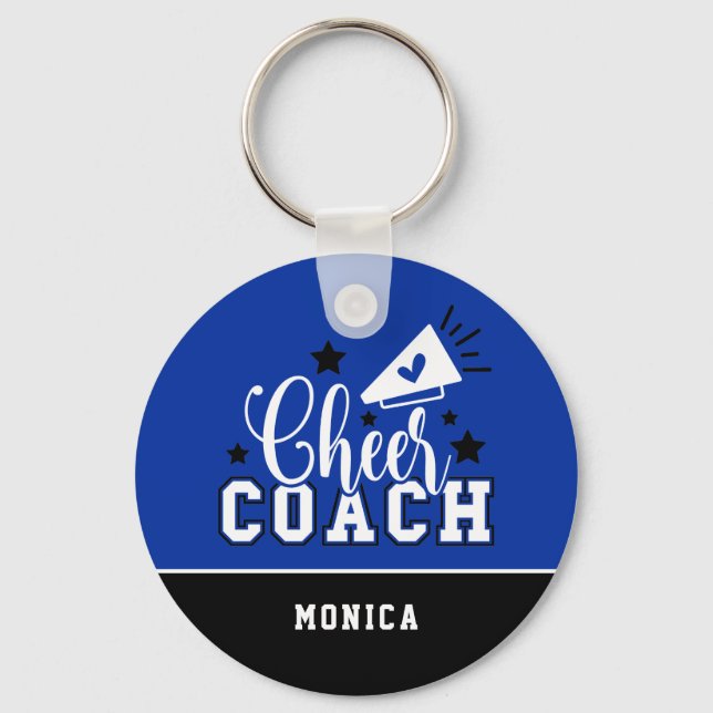 Cute Cheer Coach Personalized Royal Blue and Black Key Ring (Front)