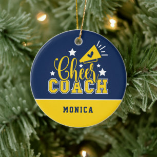 Cute Cheer Coach Personalized Royal Blue & Yellow Ceramic Tree Decoration